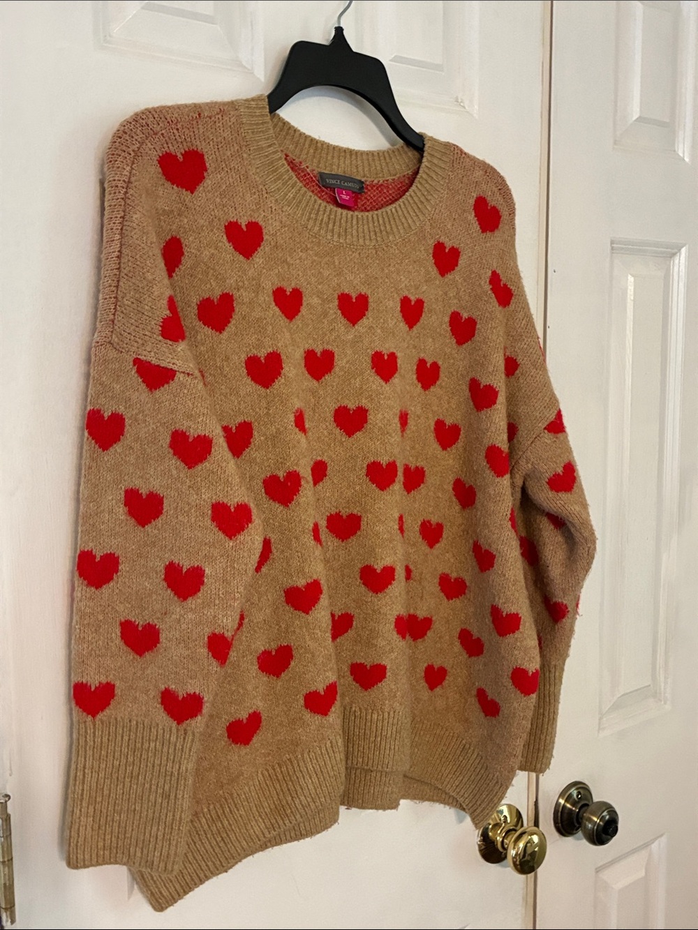 Vince Camuto Camel Crewneck Sweater with Red Hearts